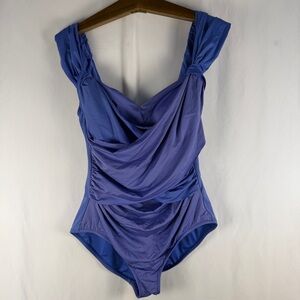 Badgley Mischka Ruched One-piece Swimsuit, Blue, Resort, Vacation, Beach, Swim